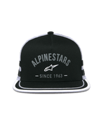 Alpinestars Backline Trucker pet, truckerpet, zwart en wit, grafisch logo op de voorzijde met 'Alpinestars Since 1963', platte klep met witte rand, gestructureerde kroon en mesh achterzijde