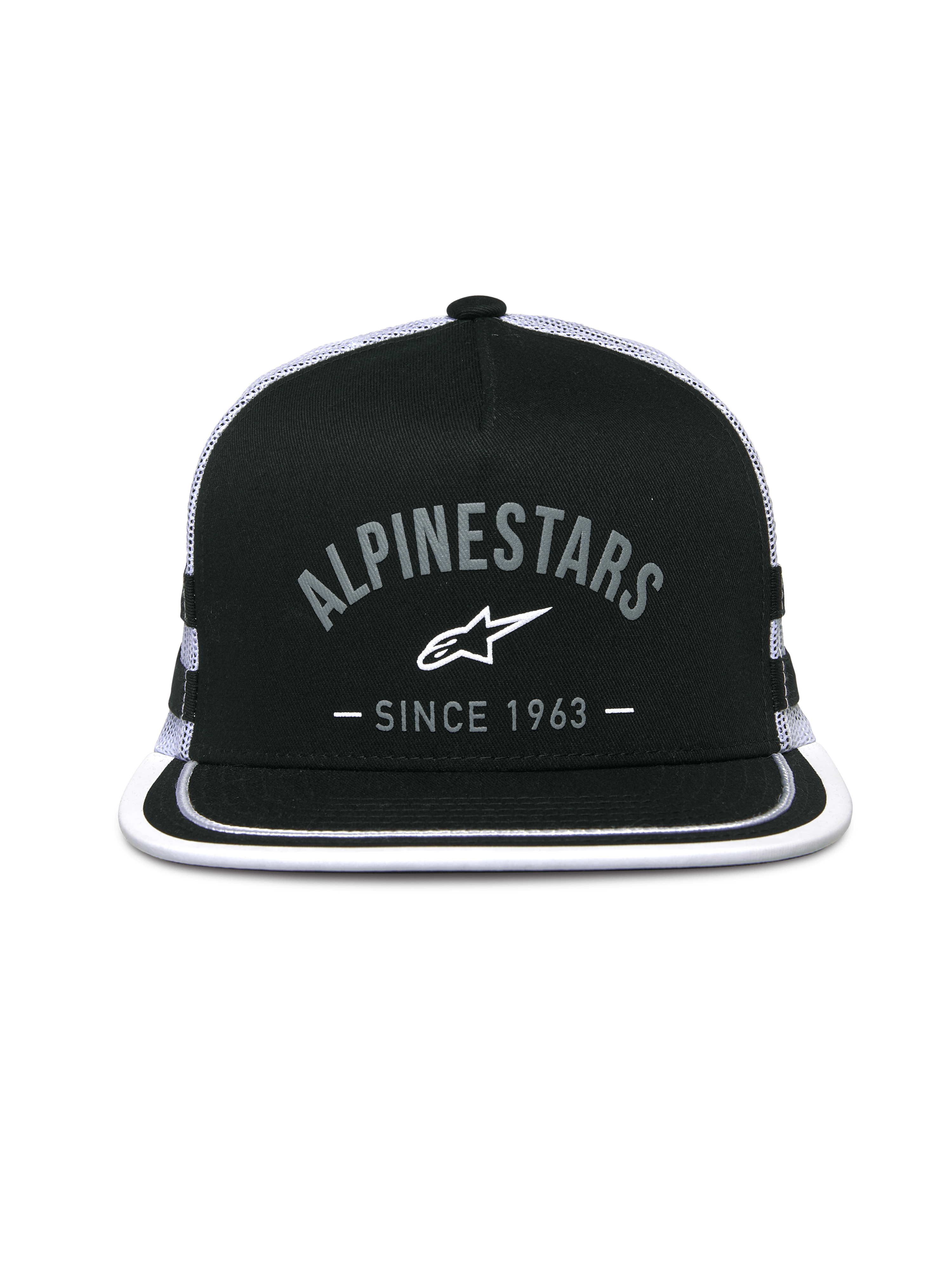 Alpinestars Backline Trucker pet, truckerpet, zwart en wit, grafisch logo op de voorzijde met 'Alpinestars Since 1963', platte klep met witte rand, gestructureerde kroon en mesh achterzijde