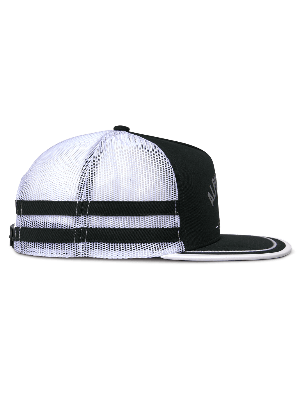Alpinestars Backline Trucker pet, zijaanzicht, zwart, wit en grijs, witte mesh achterkant met twee zwarte horizontale strepen, gestructureerde zwarte kroon en platte klep met witte bies, casual motorsport-geïnspireerde pet