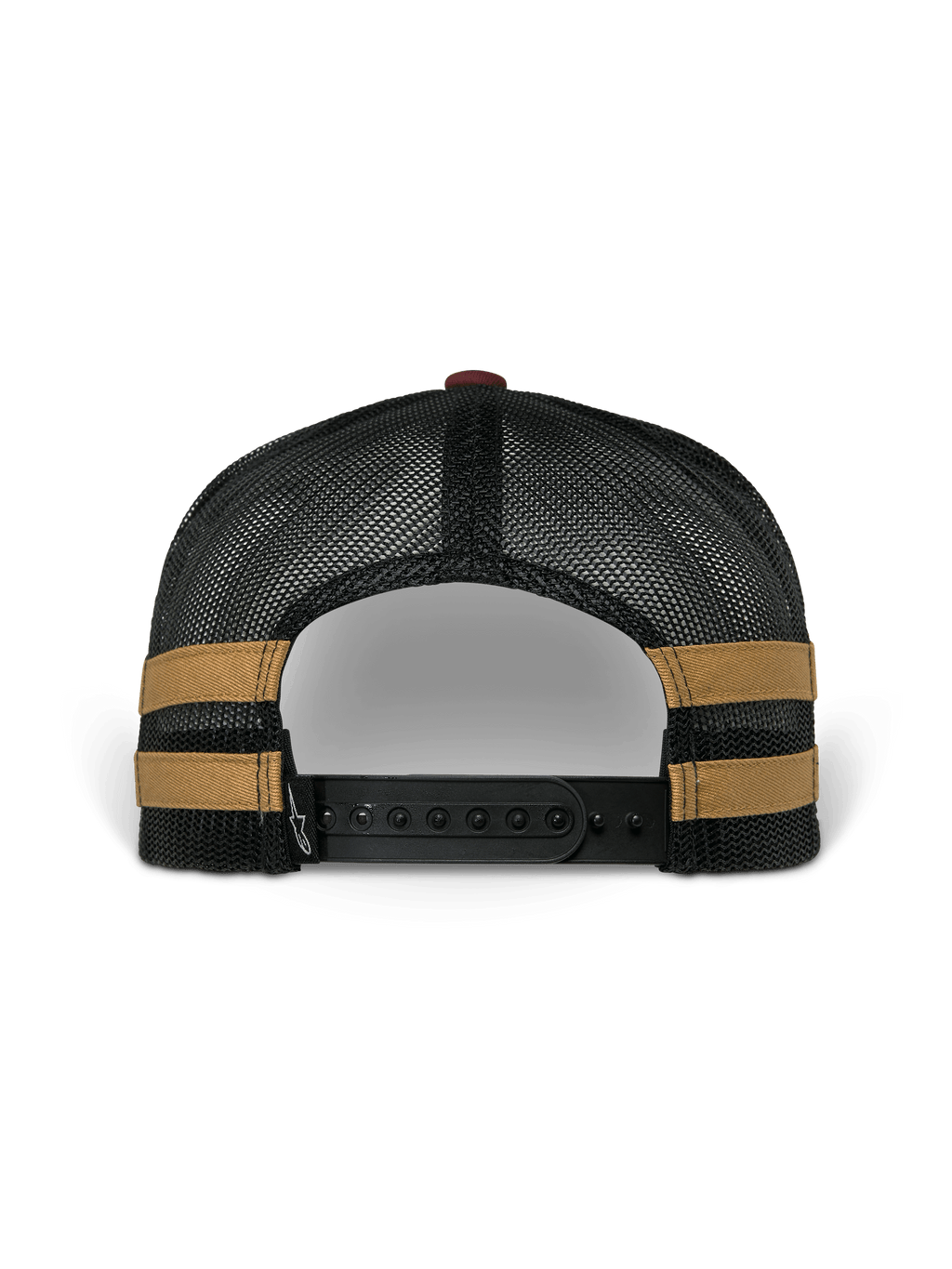 Alpinestars Backline Trucker pet, achteraanzicht, zwarte poly mesh achterkant met mosterdkleurige zijstrepen, verstelbare zwarte snapback-sluiting, casual motorsport-geïnspireerde hoofdbedekking