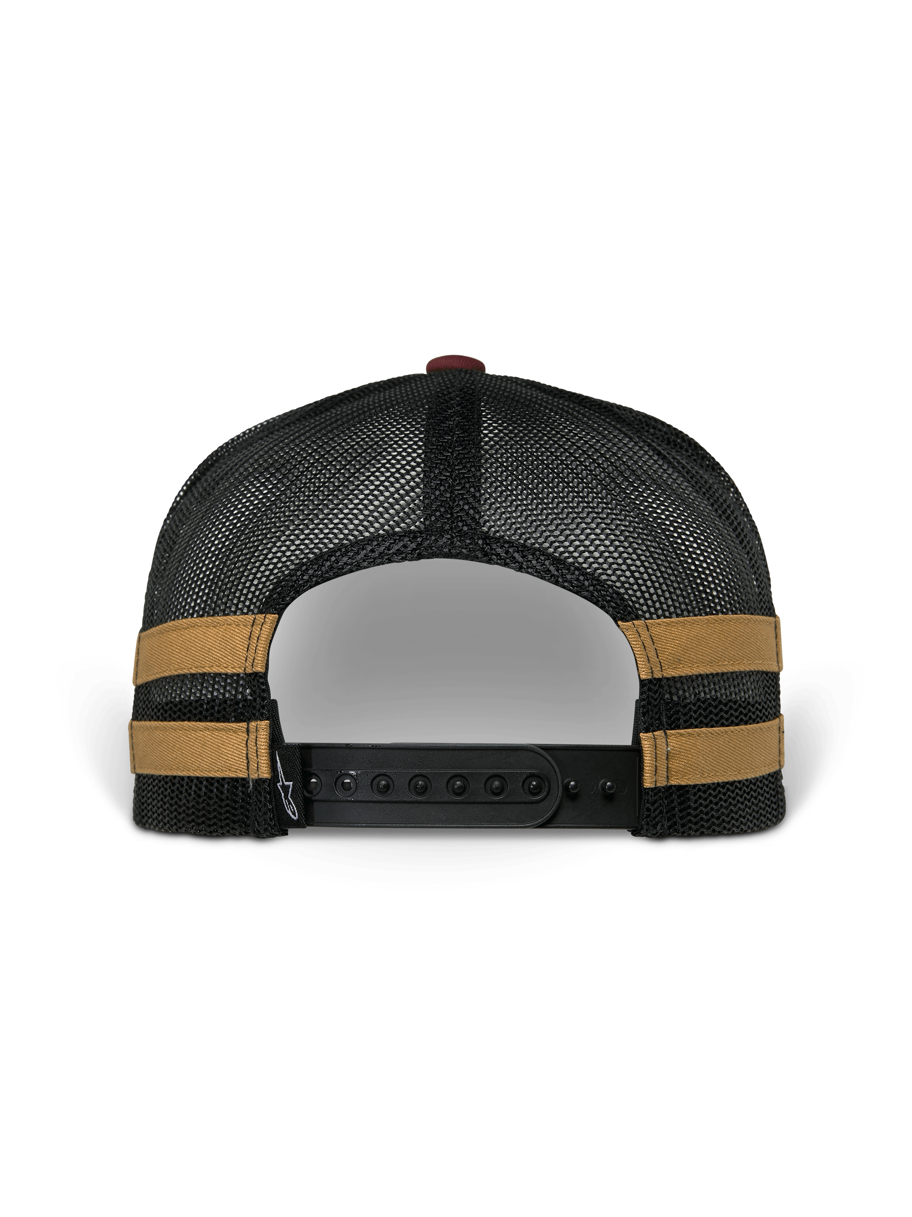 Alpinestars Backline Trucker pet, achteraanzicht, zwarte poly mesh achterkant met mosterdkleurige zijstrepen, verstelbare zwarte snapback-sluiting, casual motorsport-geïnspireerde hoofdbedekking