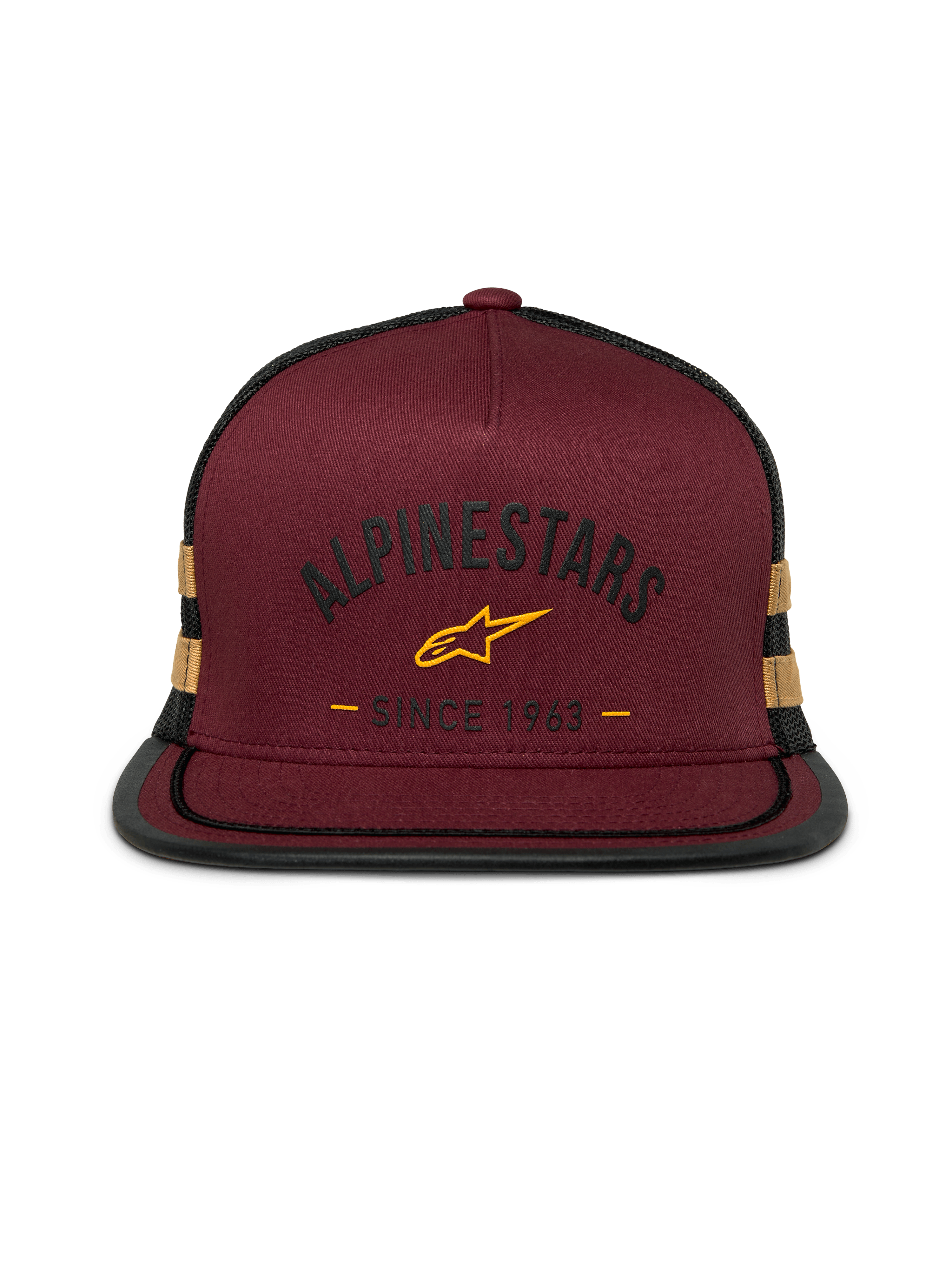 Alpinestars Backline Trucker pet, snapback met platte klep, baksteenrode twill voorzijde met zwarte mesh achterzijde, mosterdgeel logo en zijstrepen, gestructureerde kroon met suttache-afwerking op de klep, casual motorsport streetwear