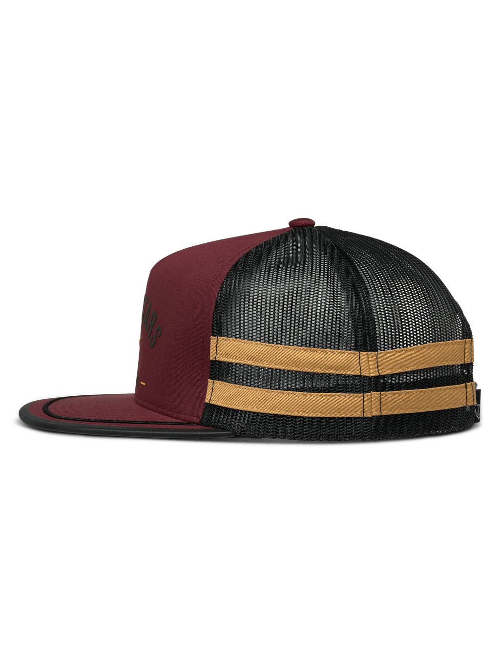 Alpinestars Backline Trucker Pet, zijaanzicht, Brick Black en Mustard, kastanjebruine twill voorkant met zwarte mesh achterkant, voorzien van mosterdgele horizontale strepen aan de zijkant, platte klep met zwarte randafwerking, casual motorsport-geïnspireerde snapback
