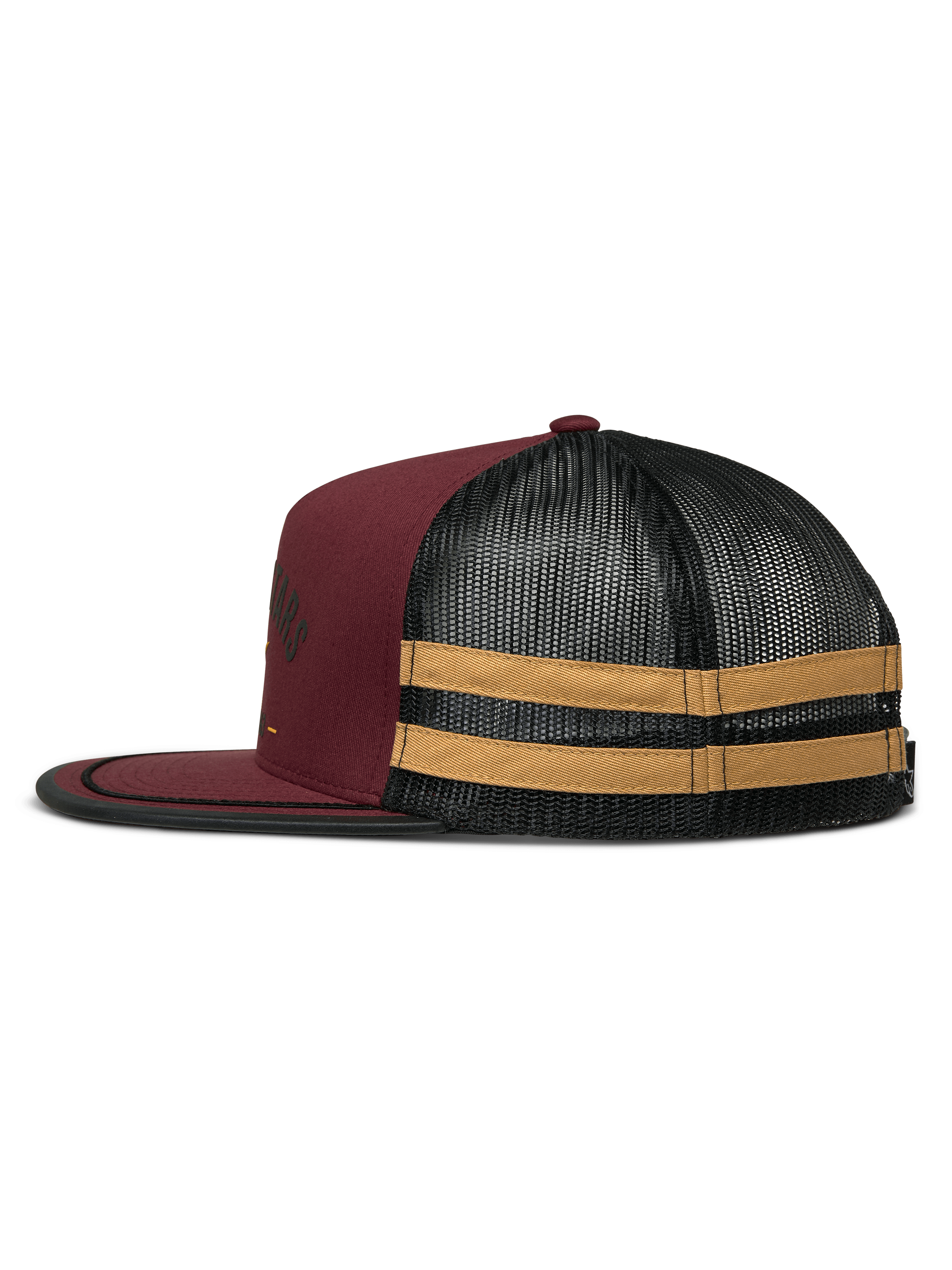 Alpinestars Backline Trucker Pet, zijaanzicht, Brick Black en Mustard, kastanjebruine twill voorkant met zwarte mesh achterkant, voorzien van mosterdgele horizontale strepen aan de zijkant, platte klep met zwarte randafwerking, casual motorsport-geïnspireerde snapback