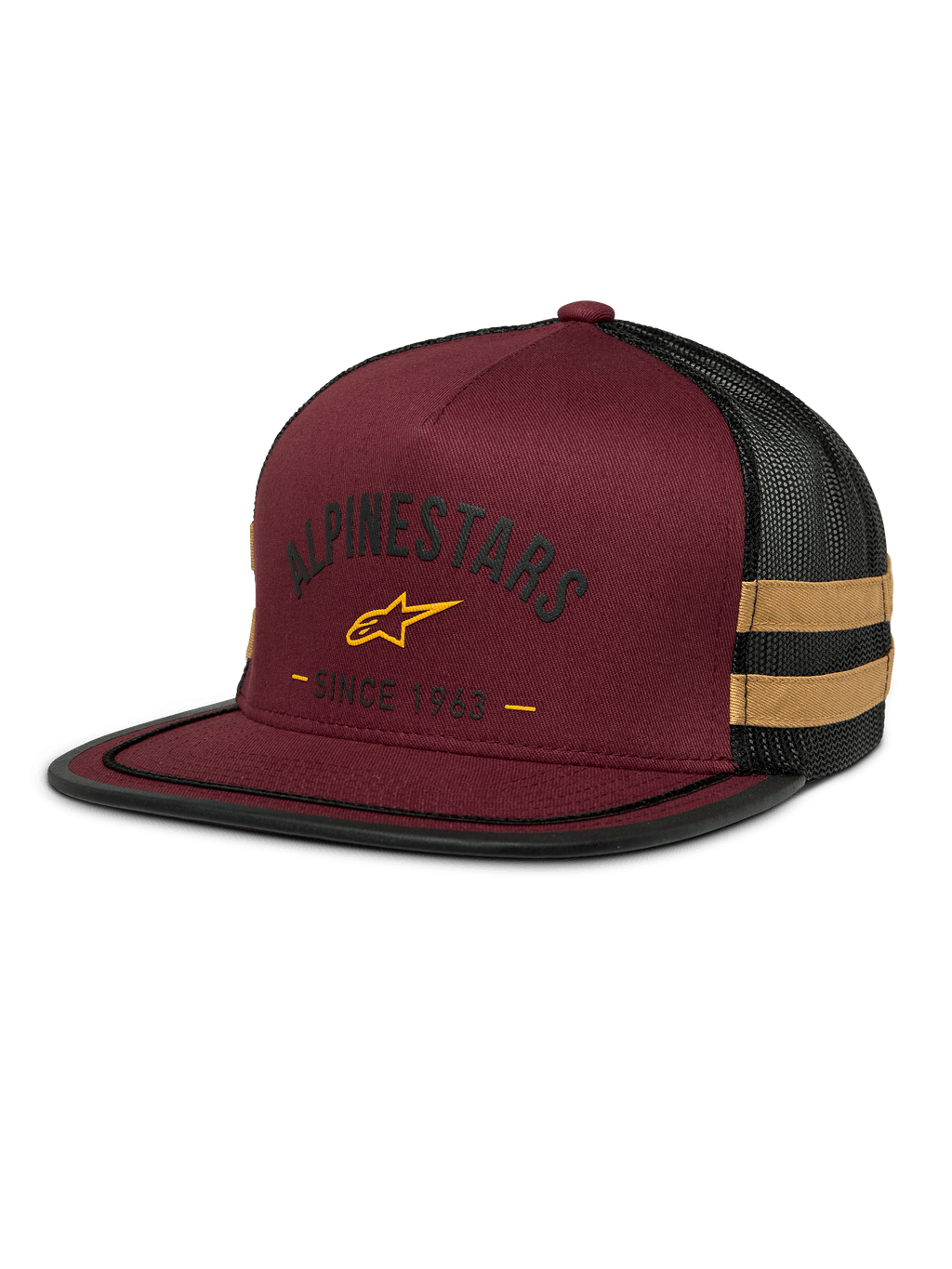 Alpinestars Backline Trucker Hat, kastanjebruine en zwarte mesh pet, geel sterlogo en 'Since 1963' grafische print, gestructureerde kroon met platte klep, mosterdgele zijstrepen