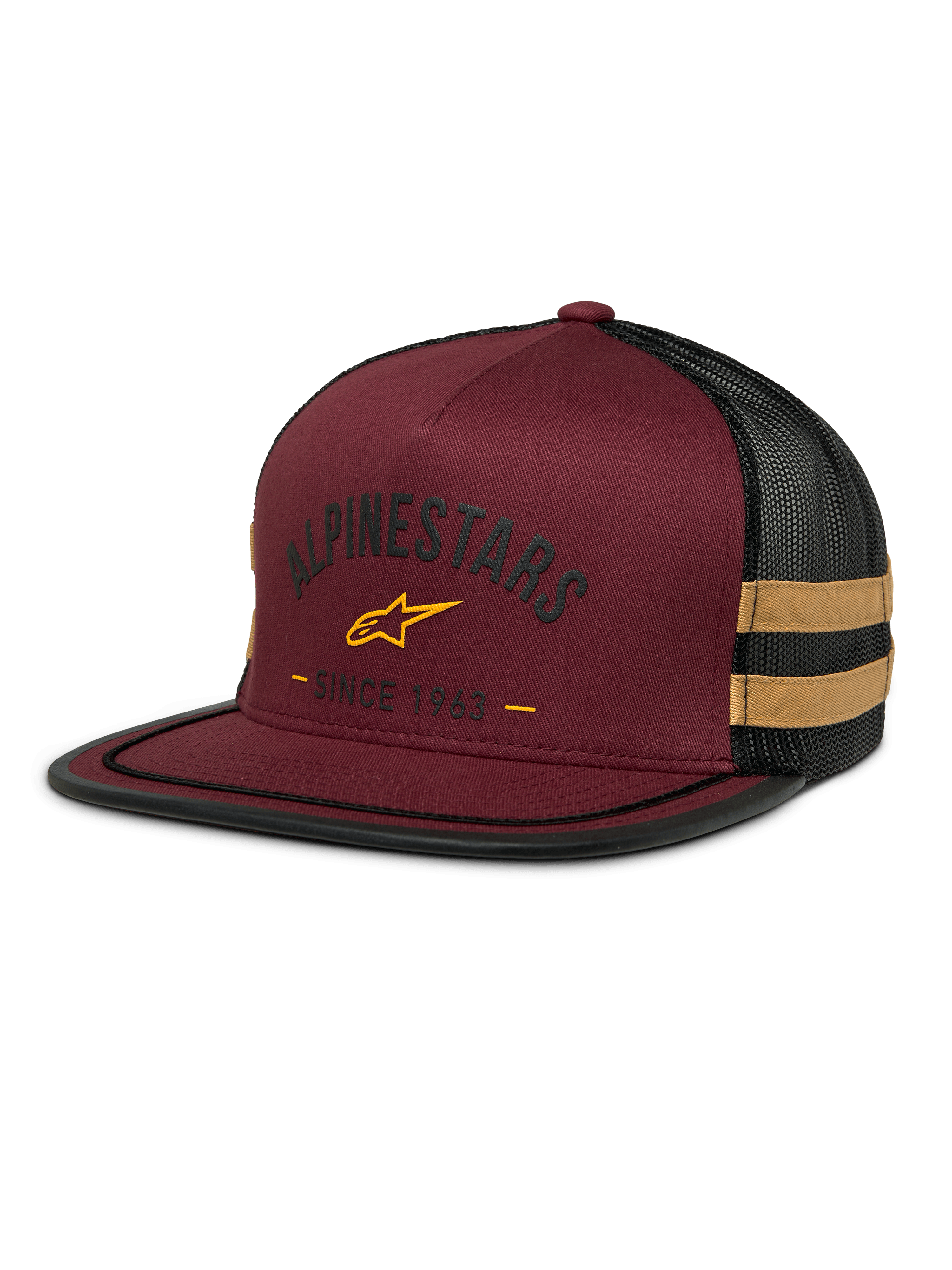 Alpinestars Backline Trucker Hat, kastanjebruine en zwarte mesh pet, geel sterlogo en 'Since 1963' grafische print, gestructureerde kroon met platte klep, mosterdgele zijstrepen