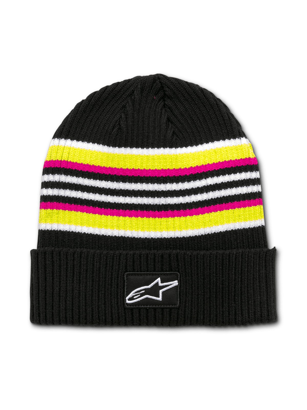 Alpinestars Bolted Cuff Beanie, gebreide muts, zwart met horizontale strepen in wit, geel, roze en zwart, geribbelde textuur, zwarte manchet met witte ster patch