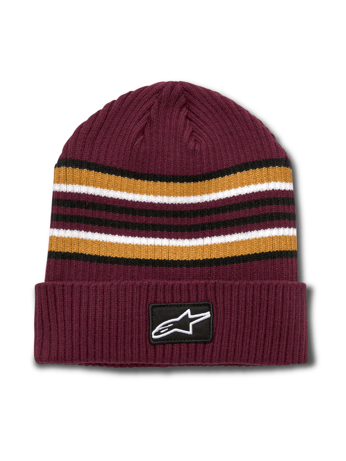 Alpinestars Bolted Cuff Beanie, kastanjebruine geribbelde gebreide wintermuts, garengeverfde horizontale strepen in goud, zwart en wit, omgeslagen rand met geweven Alpinestars-logopatch, casual sportswear