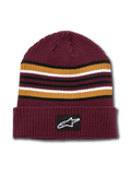 Alpinestars Bolted Cuff Beanie, kastanjebruine geribbelde gebreide wintermuts, garengeverfde horizontale strepen in goud, zwart en wit, omgeslagen rand met geweven Alpinestars-logopatch, casual sportswear
