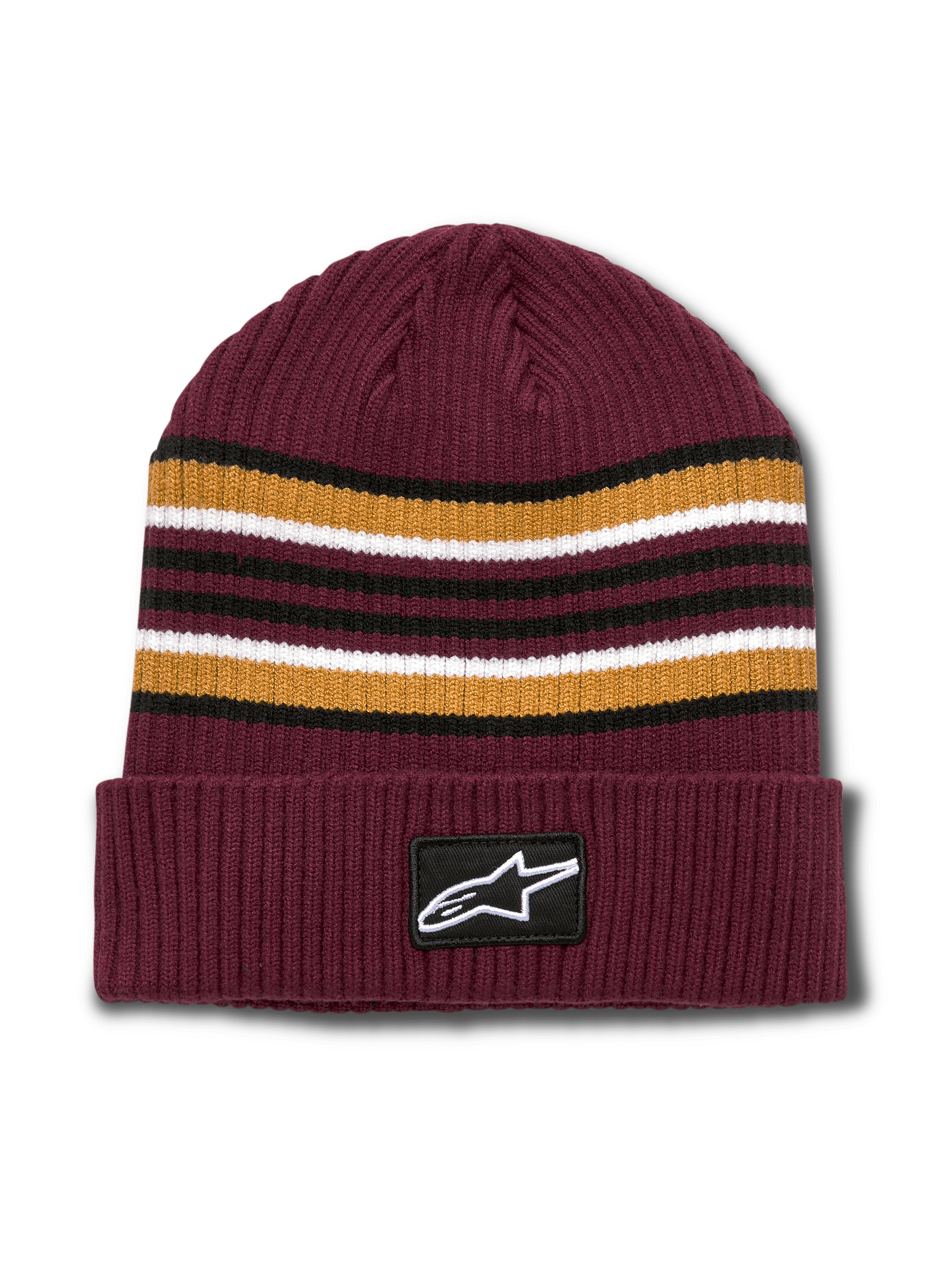 Alpinestars Bolted Cuff Beanie, kastanjebruine geribbelde gebreide wintermuts, garengeverfde horizontale strepen in goud, zwart en wit, omgeslagen rand met geweven Alpinestars-logopatch, casual sportswear