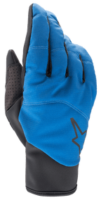 Alpinestars Denali 2 Gloves, MTB Mountain Biking Gloves, Mid Blue and Black, featuring a weather-resistant softshell backhand with a black star logo, perforated thumb reinforcement, and a sleek slip-on cuff for cold weather riding.