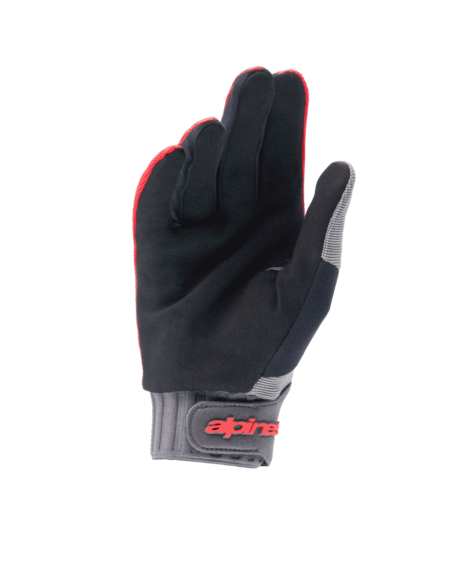 Alpinestars Youth A-Dura Gloves, Mountain Bike Gloves, Red Fluo and Black, palm view showing synthetic suede material, grey neoprene cuff with hook and loop strap featuring red Alpinestars logo, designed for youth cycling