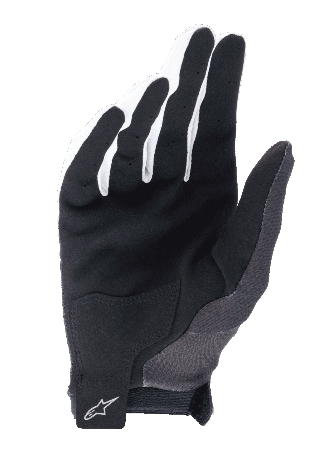 Alpinestars A-Aria handschoenen, zwart, handpalmweergave met synthetisch suède voor grip, versterkte handpalmpatch en klittenbandsluiting bij de pols met Alpinestars-logo, lichtgewicht mountainbikehandschoenen