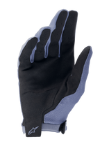 Alpinestars A-Aria Gloves, Cycling MTB Gloves, Infinity Blue and Black, palm view featuring synthetic suede for grip, reinforced palm patch, and hook-and-loop wrist strap with Alpinestars logo