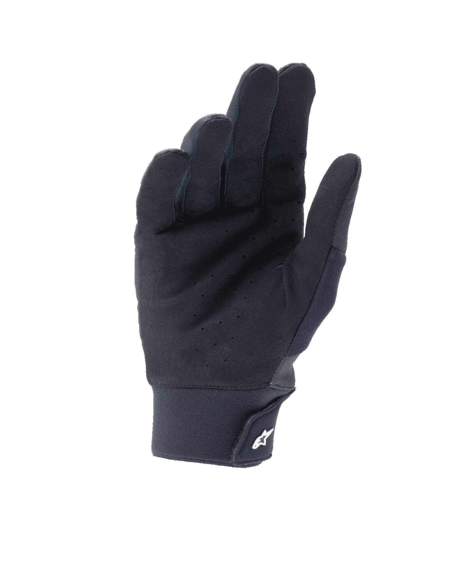 Alpinestars A-Supra Shield handschoenen, zwart, handpalmzijde met geperforeerd synthetisch suède voor ventilatie, neopreen manchet met klittenbandsluiting en wit sterlogo, technische uitrusting voor MTB en gravity ritten