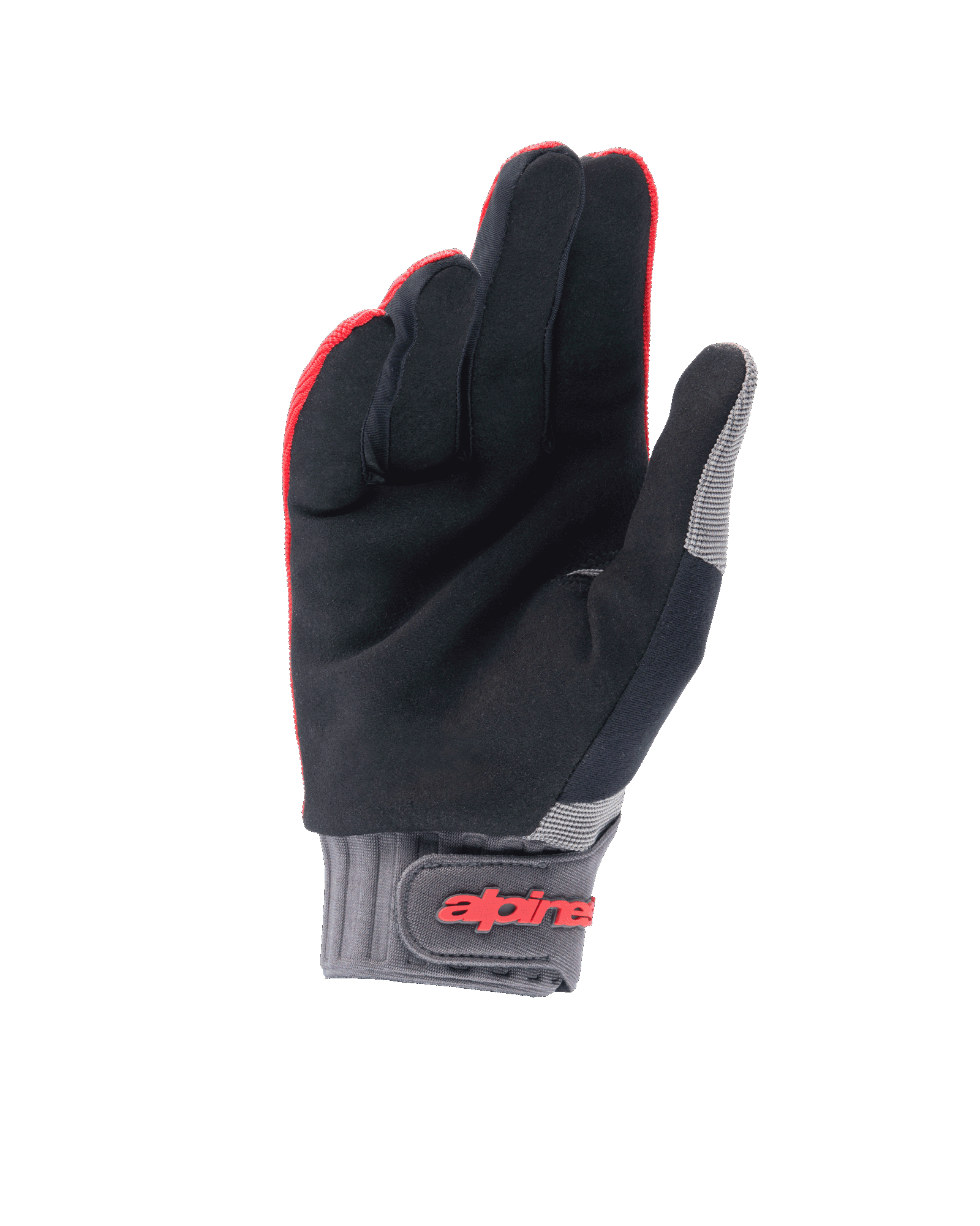 Alpinestars A-Dura handschoenen, mountainbike handschoenen, Red Fluo en zwart, palmweergave met synthetisch suède voor grip, grijze neopreen manchet met klittenbandsluiting en rode branding, off-road fietsuitrusting
