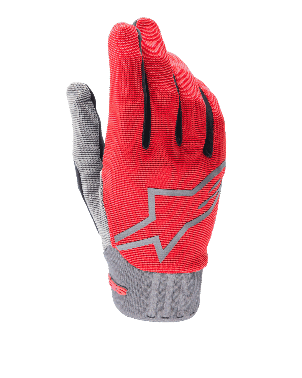 Alpinestars A-Dura handschoenen, mountainbike handschoenen, fluorood en grijs, met een groot grijs sterlogo op de handrug, zwarte vingeraccenten, geribbelde manchet en elastische stof voor MTB-rijden
