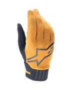 Alpinestars A-Dura Gloves, MTB Mountain Biking Gloves, Dark Gold and Black, textured gold fabric upper with a large grey Alpinestars logo, black neoprene cuff, designed for grip and mobility in off-road cycling
