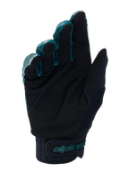 Alpinestars A-Dura Gloves, MTB Cycling Gloves, Green Camo and Black, palm-side view showing black synthetic suede material, neoprene cuff with adjustable hook-and-loop strap, teal Alpinestars branding, professional off-road gear