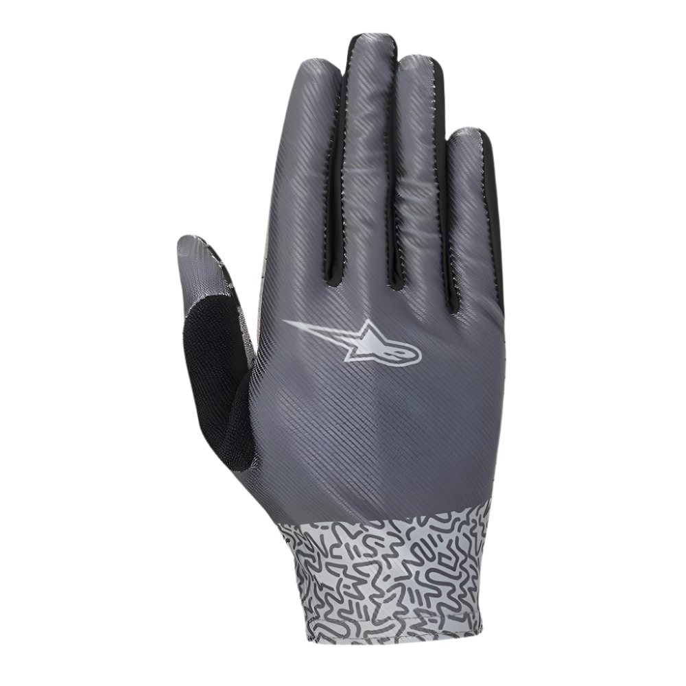 Alpinestars Stella Alderex Pro dameshandschoenen, antracietgrijze fietshandschoenen, achteraanzicht met een wit Alpinestars-logo, diagonaal getextureerd mesh bovenwerk en een polsmanchet met patroon