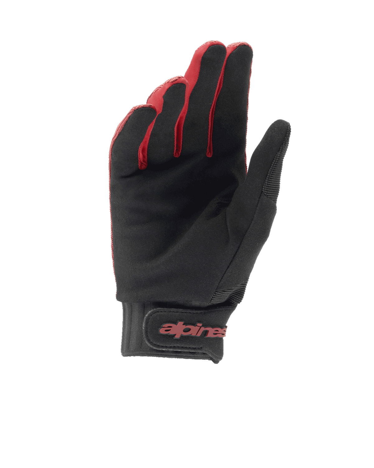 Alpinestars Stella A-Dura dameshandschoenen, mountainbike handschoenen, bordeauxrood en zwart, zicht op de handpalm met synthetisch suède grip, neopreen manchet met klittenbandsluiting, rood Alpinestars-logo