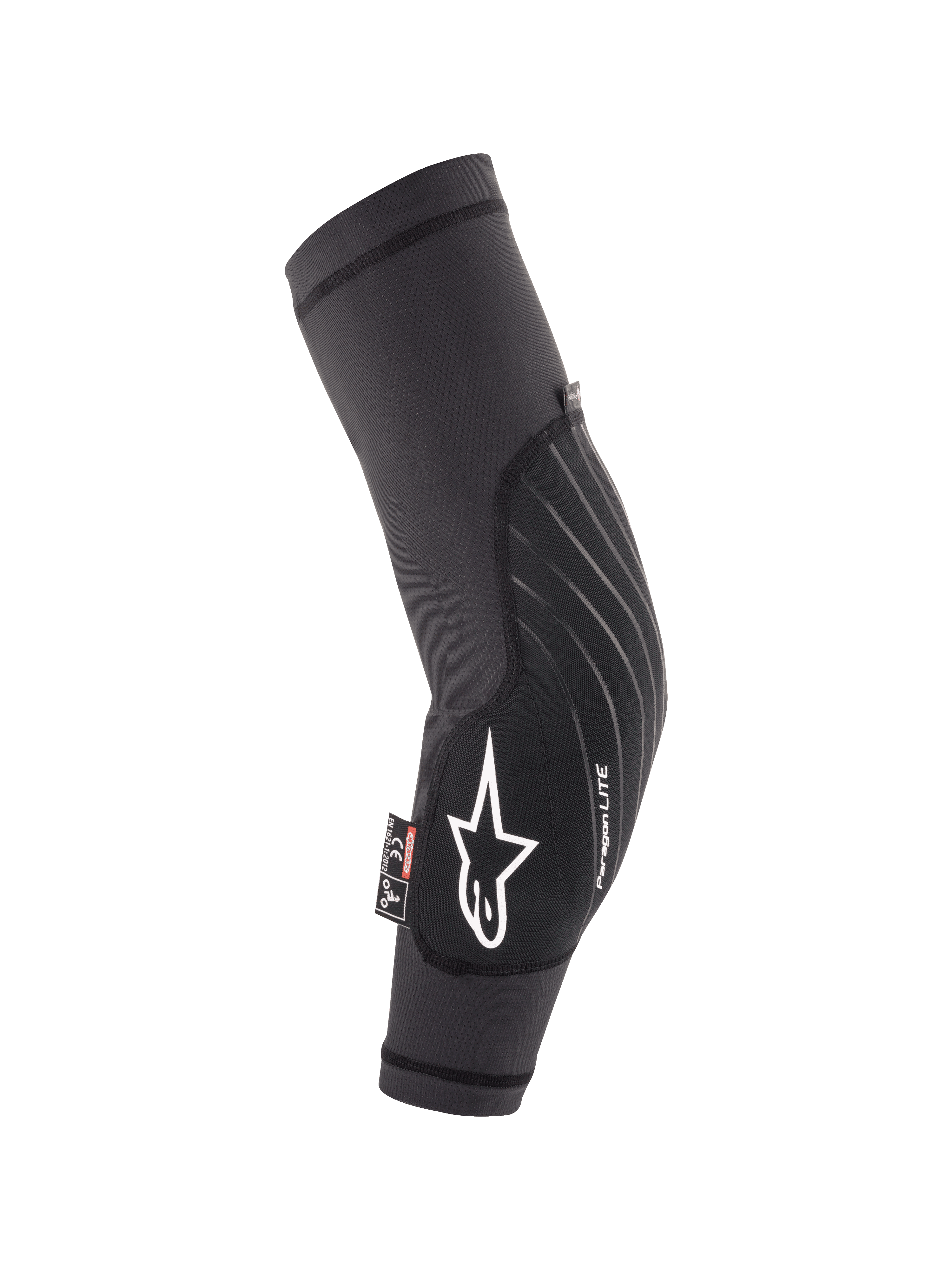 Alpinestars Youth Paragon Lite elleboogbeschermers, zwart, lichtgewicht MTB-bescherming, ademende mesh mouw met wit ster-logo en Paragon LITE-branding, ergonomisch gebogen ontwerp met duurzaam voorpaneel