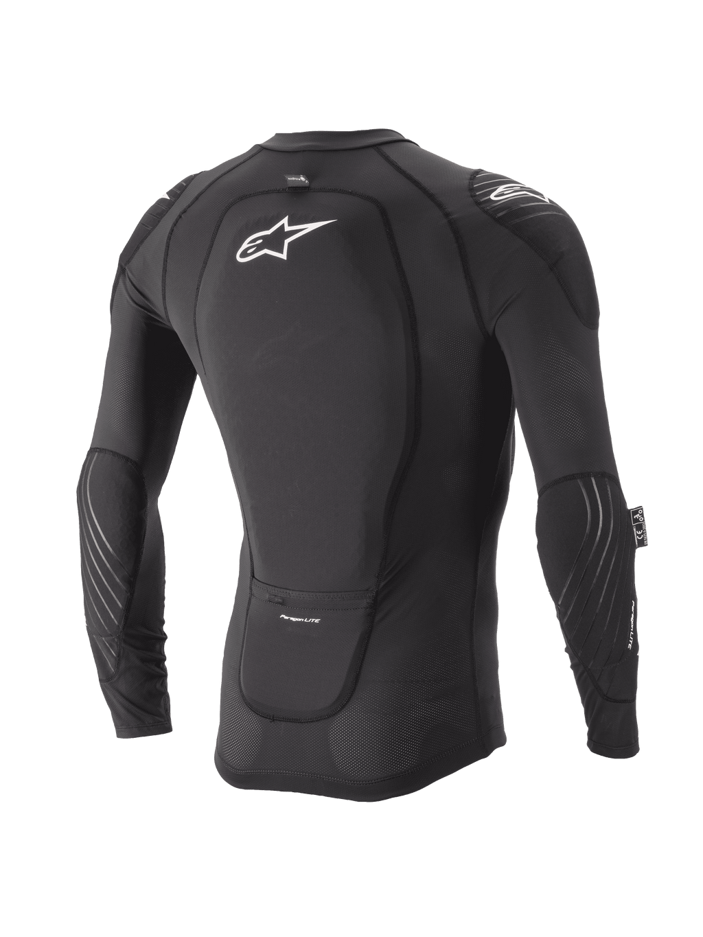 Alpinestars Jeugd Paragon Lite Beschermjas, beschermend shirt met lange mouwen, zwart, achteraanzicht met geïntegreerde rugbeschermer en wit logo, ademende mesh-mouwen met elleboogbescherming, lichtgewicht MTB body armor