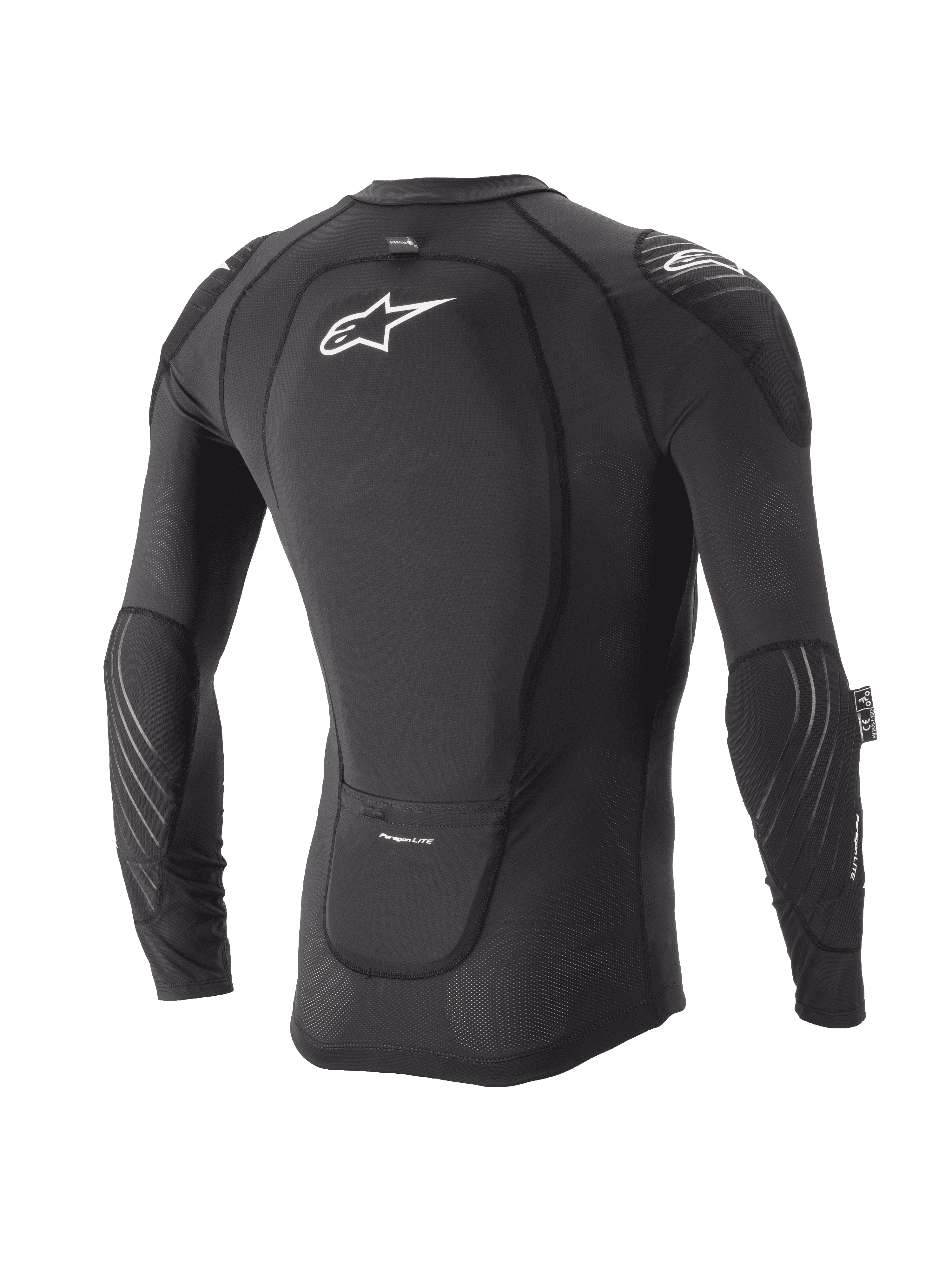 Alpinestars Jeugd Paragon Lite Beschermjas, beschermend shirt met lange mouwen, zwart, achteraanzicht met geïntegreerde rugbeschermer en wit logo, ademende mesh-mouwen met elleboogbescherming, lichtgewicht MTB body armor