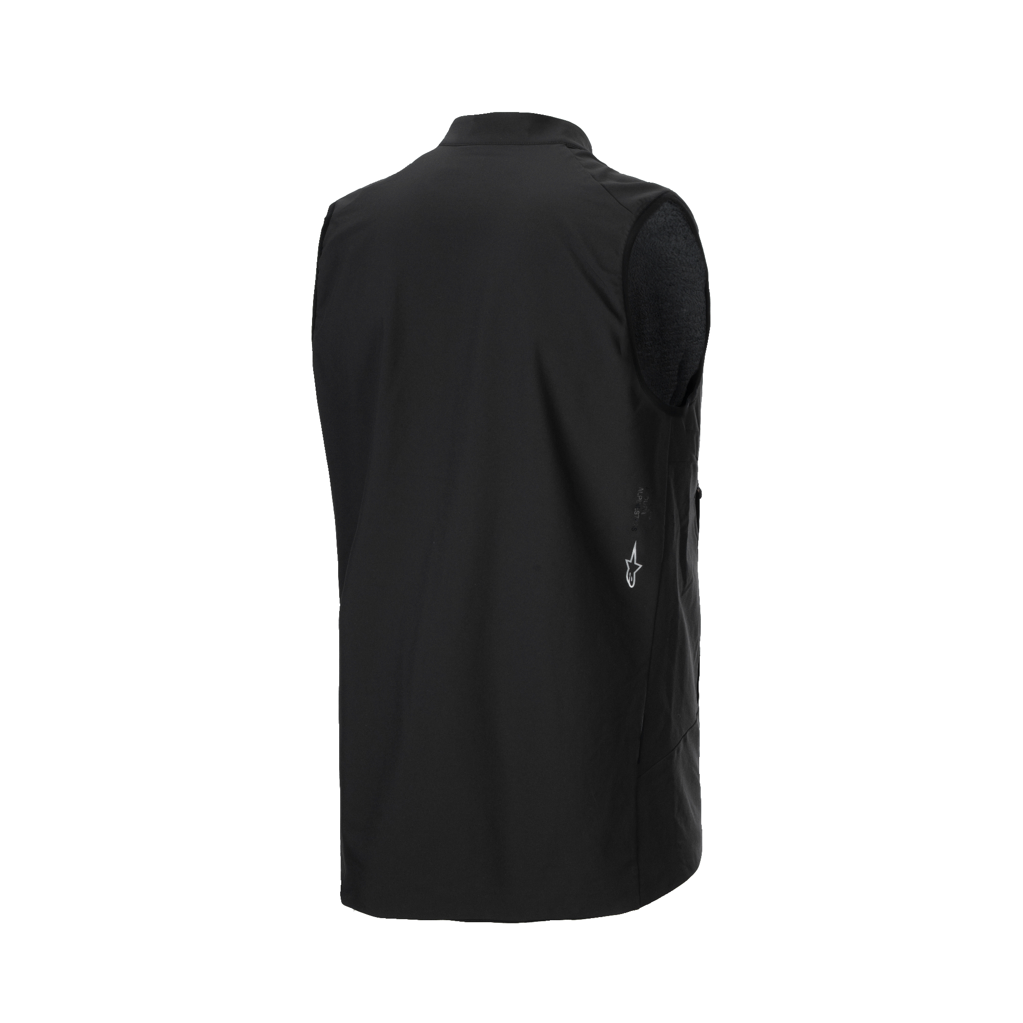 Alpinestars A-Dura Thermisch Vest, zwart fietsvest, driekwart achteraanzicht met gladde stof en een klein wit Alpinestars-logo aan de onderzijde, lichtgewicht thermische isolatie voor mountainbiken