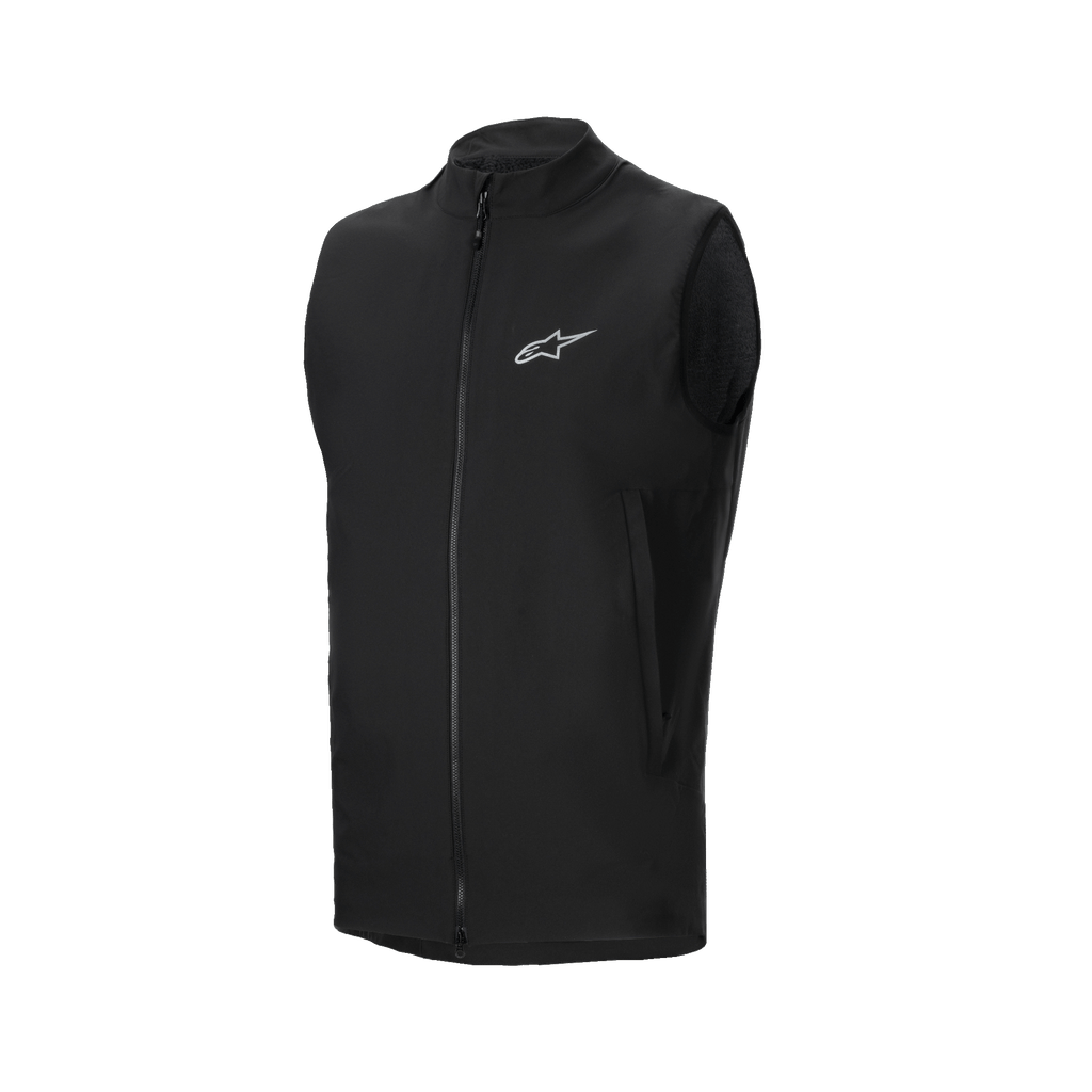 Alpinestars A-Dura Thermal Vest, zwart fietsvest, voorzien van een volledige ritssluiting en een klein reflecterend Alpinestars-logo op de borst, zijzakken met ritssluiting, lichtgewicht geïsoleerd ontwerp voor mountainbiken bij koud weer
