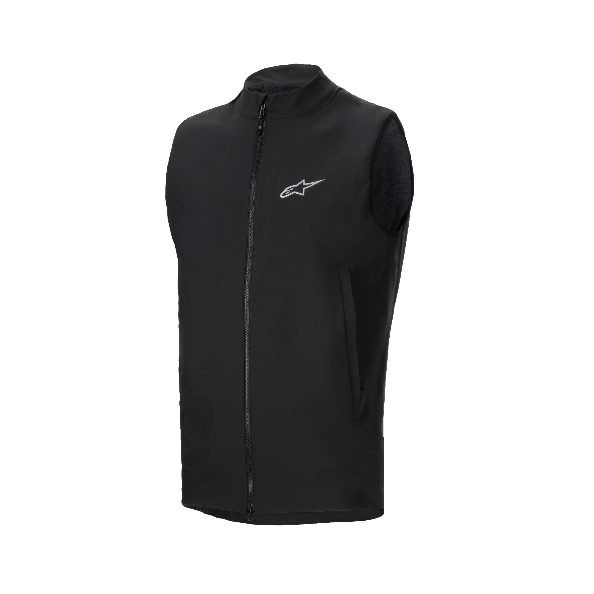 Alpinestars A-Dura Thermal Vest, zwart fietsvest, voorzien van een volledige ritssluiting en een klein reflecterend Alpinestars-logo op de borst, zijzakken met ritssluiting, lichtgewicht geïsoleerd ontwerp voor mountainbiken bij koud weer