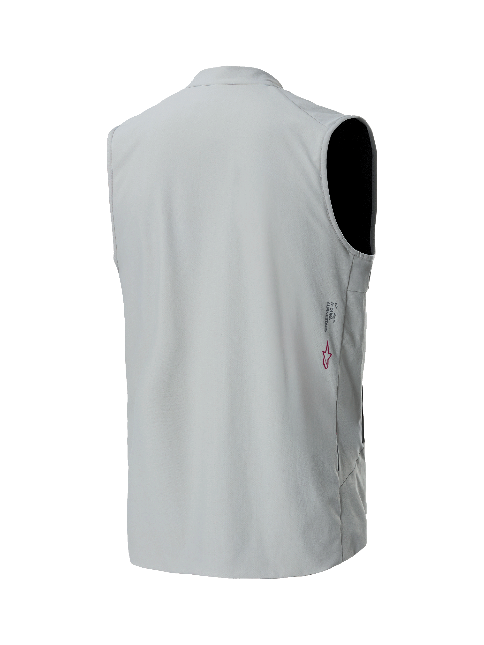 Alpinestars A-Dura Thermisch Vest, Titanium grijs, achteraanzicht, lichtgewicht geïsoleerde wielerbodywarmer, voorzien van een klein Alpinestars-logo en A-Dura-branding op de onderrug, strak minimalistisch ontwerp voor mountainbiken.