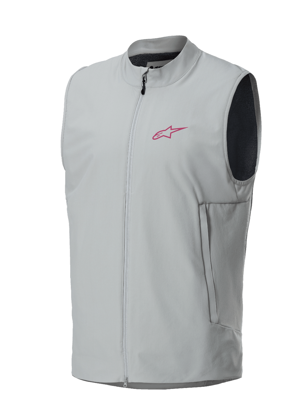 Alpinestars A-Dura Thermovest, Titanium grijs, magenta Alpinestars sterlogo op de borst, volledige ritssluiting aan de voorzijde met verticale zijzakken, lichtgewicht geïsoleerde bodywarmer voor mountainbiken en trailrijden