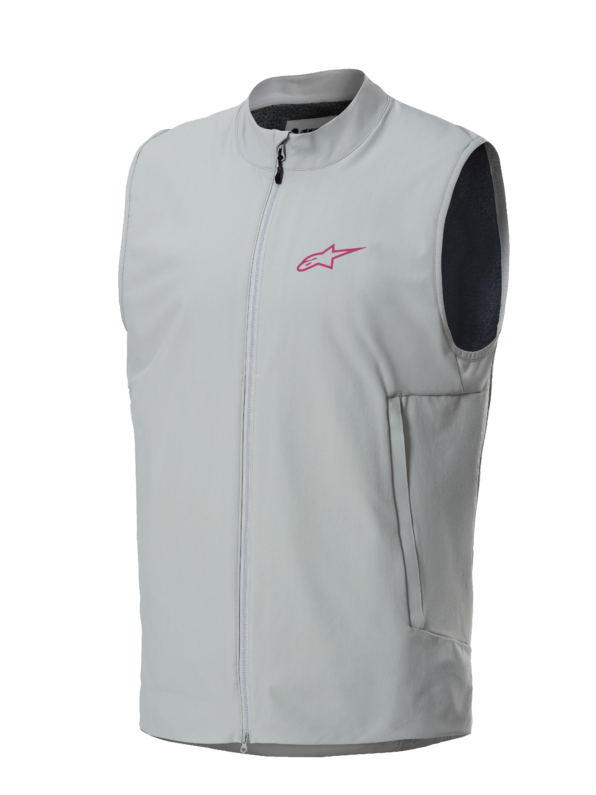 Alpinestars A-Dura Thermovest, Titanium grijs, magenta Alpinestars sterlogo op de borst, volledige ritssluiting aan de voorzijde met verticale zijzakken, lichtgewicht geïsoleerde bodywarmer voor mountainbiken en trailrijden