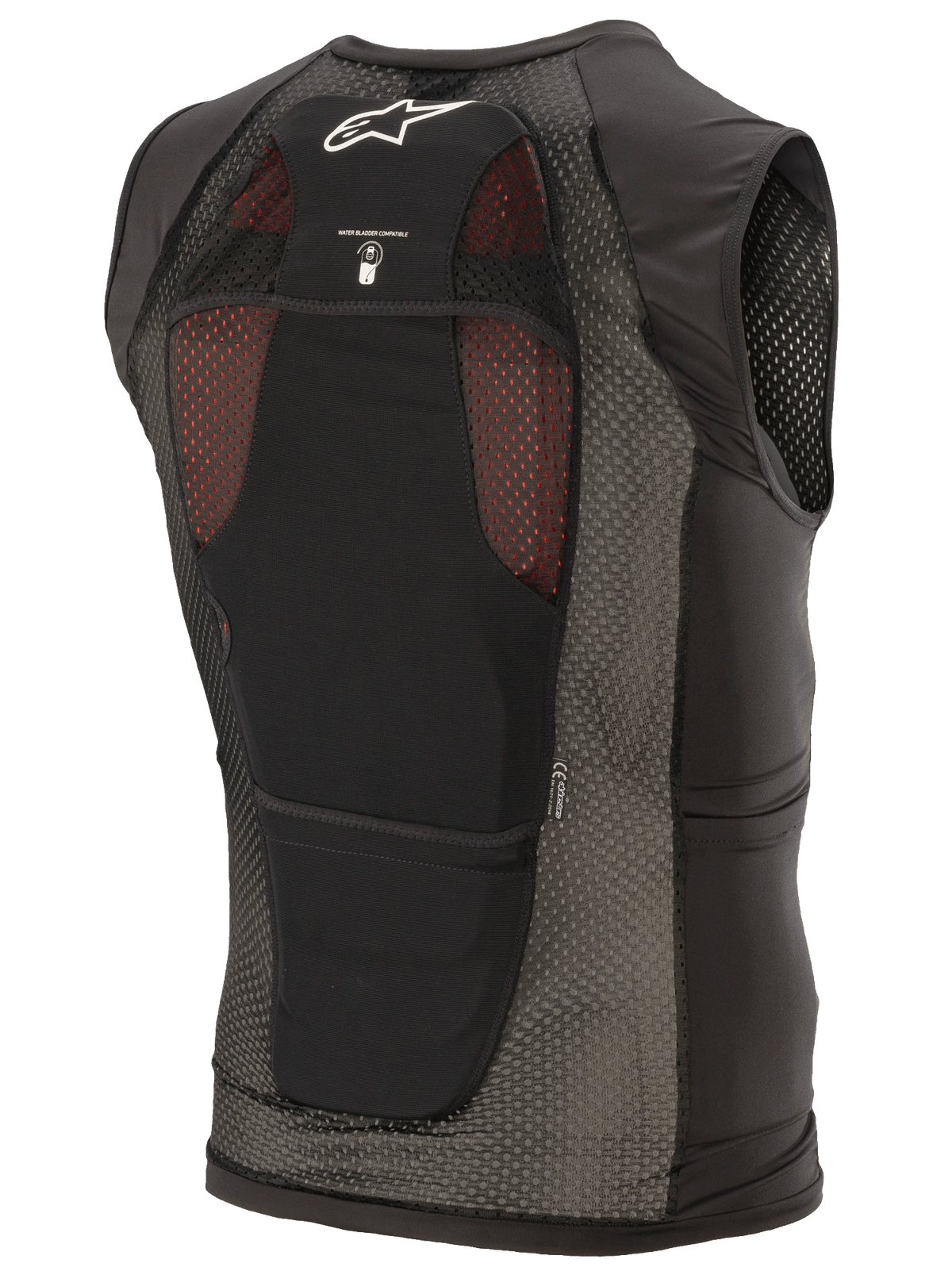 Alpinestars Paragon Plus Protection Vest, zwart, achteraanzicht met lichtgewicht stretch mesh constructie, wit Astar logo, icoon voor compatibiliteit met waterzak en geïntegreerde CE Niveau 1 rugbeschermer.