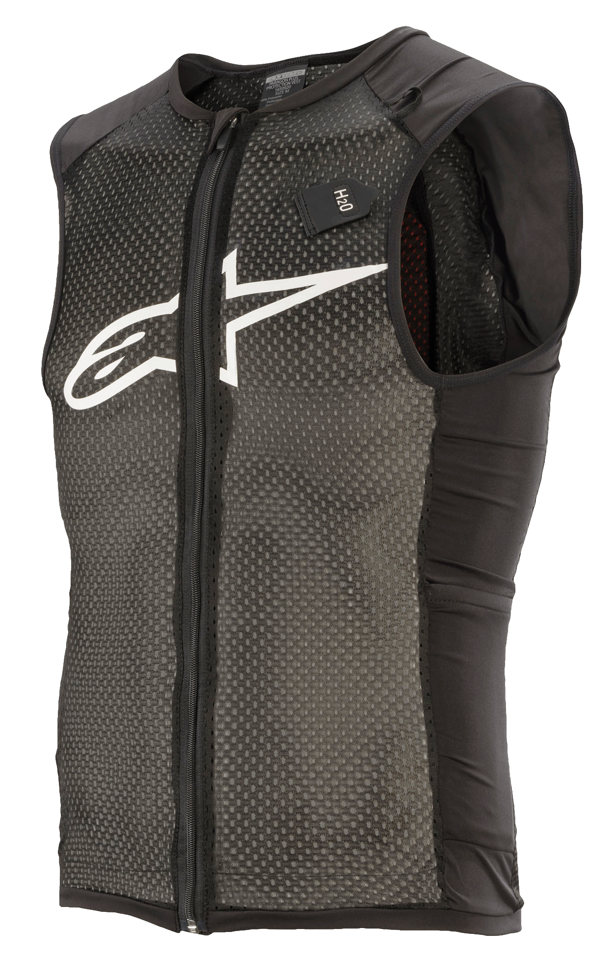 Alpinestars Paragon Plus Protection Vest, lichtgewicht MTB-beschermvest, mouwloos ontwerp met volledige ritssluiting, gestructureerd stretch-mesh, zwarte zijpanelen, wit logo op de borst en H2O-label