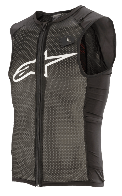 Alpinestars Paragon Plus Protection Vest, mouwloos beschermingsvest voor motorrijden, zwart met wit logo, gestructureerd mesh-patroon, H2O-label, strakke sportieve pasvorm