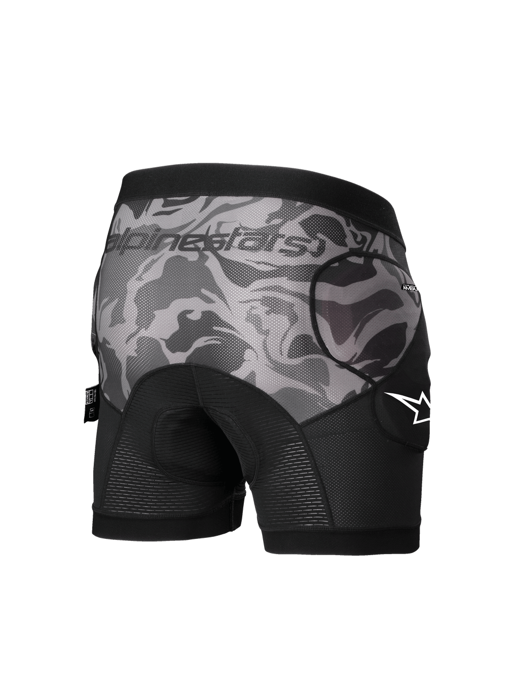Alpinestars A-Motion Plasma beschermende boxershorts, heren MTB-beschermingsshorts, zwart camouflage, CE Level 1-heupbeschermers, achteraanzicht