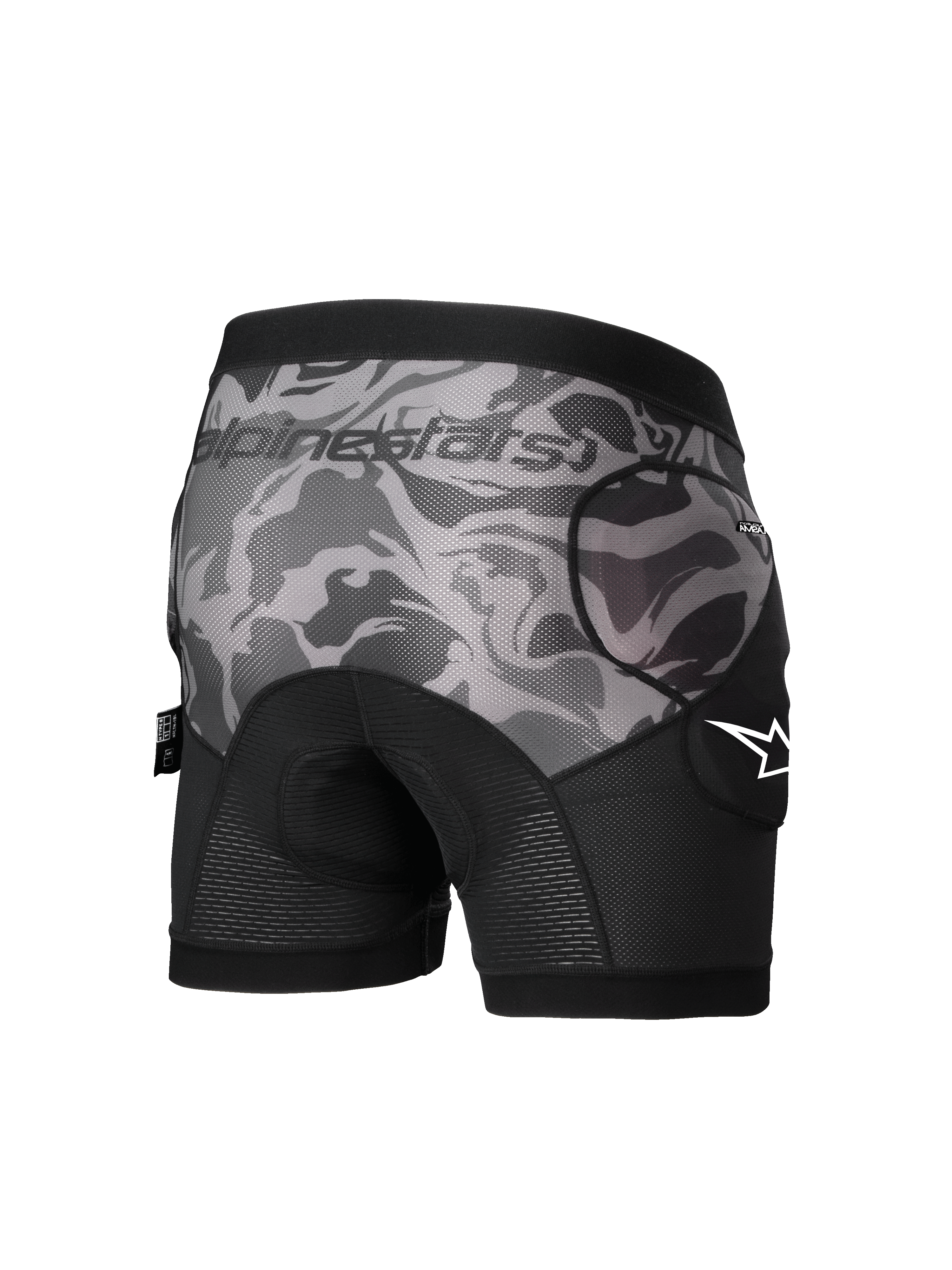 Alpinestars A-Motion Plasma beschermende boxershorts, heren MTB-beschermingsshorts, zwart camouflage, CE Level 1-heupbeschermers, achteraanzicht
