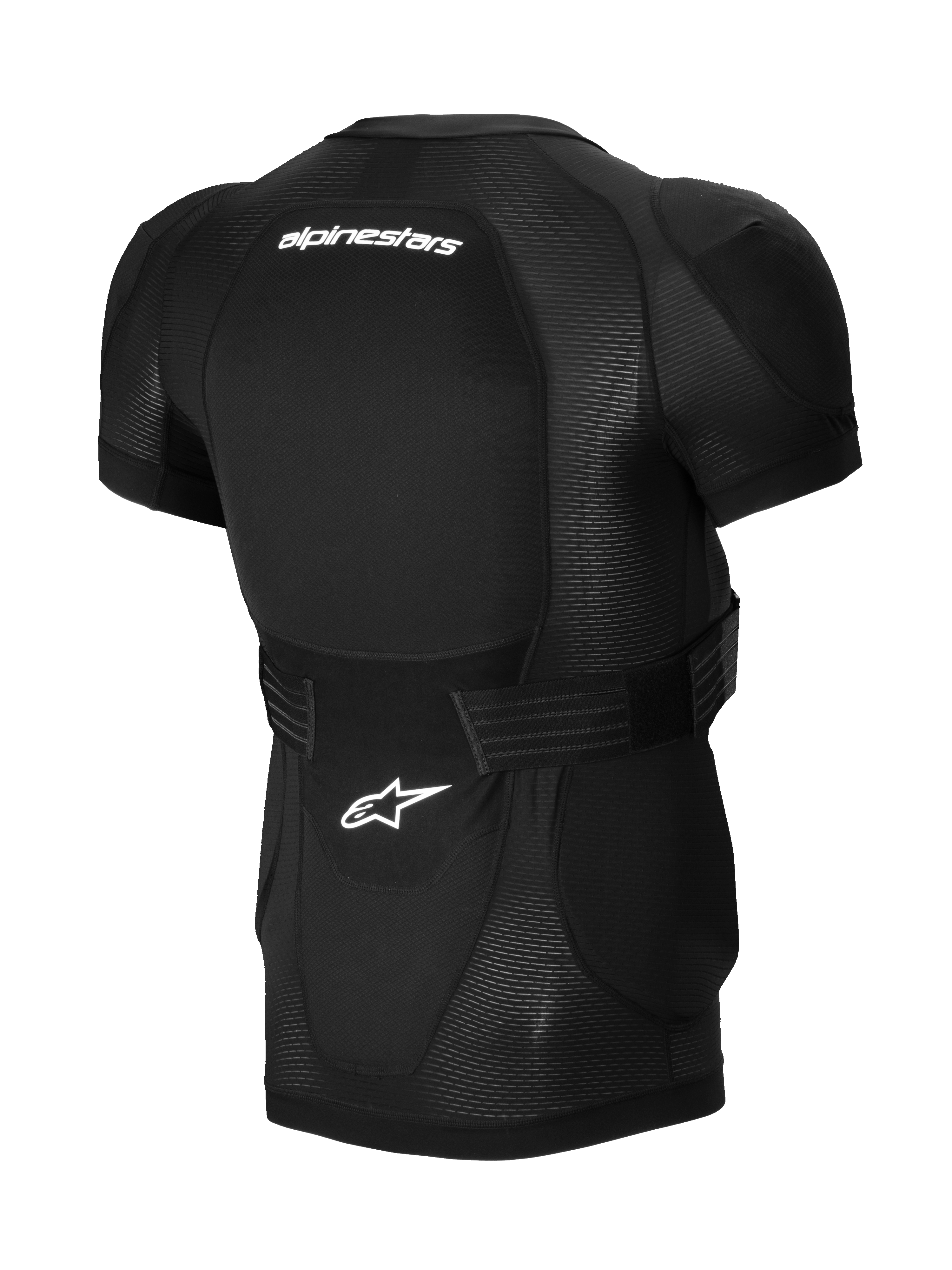 Alpinestars A-Impact Plasma Protection Jacket - Short Sleeve, Black, Rear view featuring integrated back protector, white Alpinestars branding, adjustable waist strap, and breathable mesh construction for MTB protection