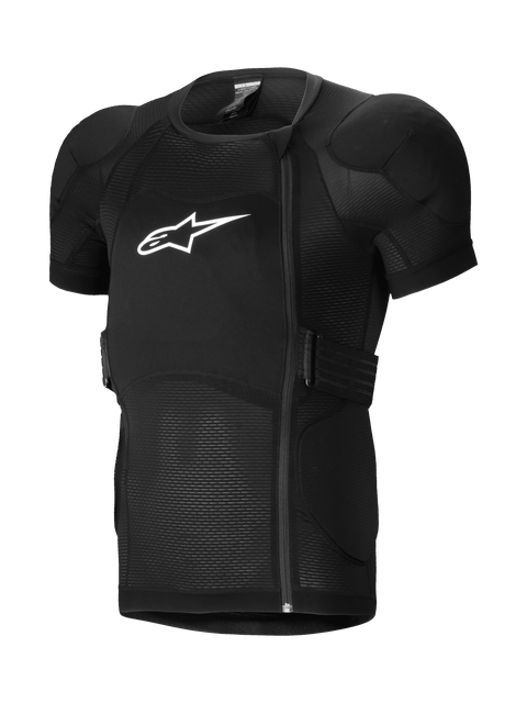 Alpinestars A-Impact Plasma beschermingsjack, korte mouwen, zwart met wit logo, gevoerde schouders, ritssluiting, verstelbare zijriemen, gestructureerd materiaal voor grip en flexibiliteit