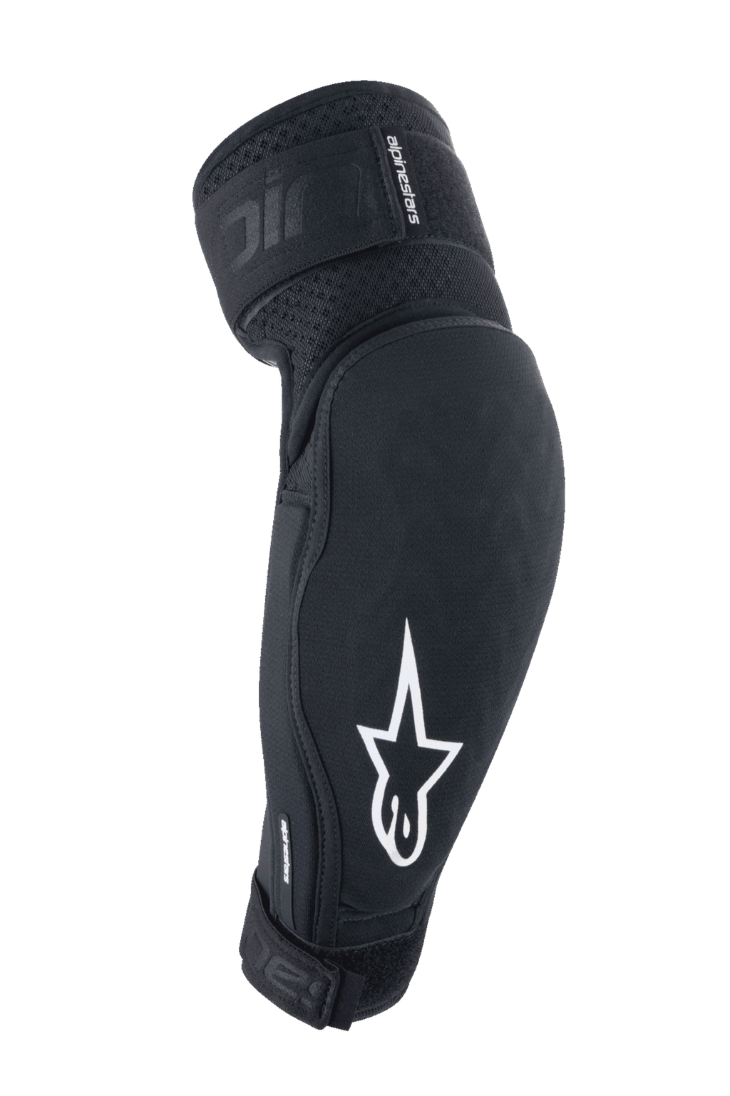 Alpinestars A-Impact Plasma Elite elleboogbeschermers, zwart en wit, MTB-bescherming met wit sterlogo, ademend getextureerd textiel, verstelbare banden met klittenbandsluiting, voorgevormd ergonomisch ontwerp