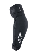 Alpinestars A-Impact Plasma Elite elleboogbeschermers, zwart en wit, MTB-bescherming met wit sterlogo, ademend getextureerd textiel, verstelbare banden met klittenbandsluiting, voorgevormd ergonomisch ontwerp