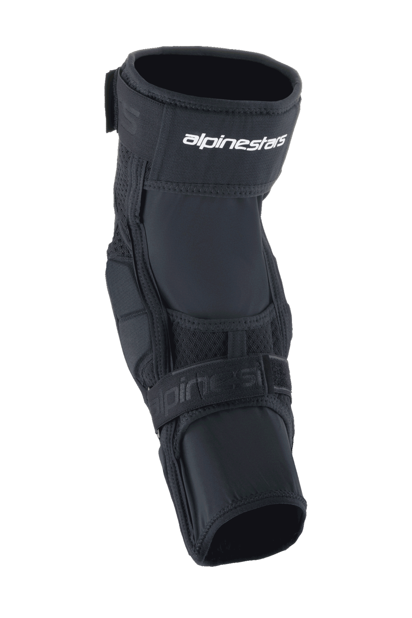 Alpinestars A-Impact Plasma Elite kniebeschermer, MTB-kniebeschermer, zwart en wit, voorzien van een dubbel sluitsysteem met wit Alpinestars-logo, mesh-panelen en een ergonomisch voorgevormd ontwerp voor MTB-impactbescherming