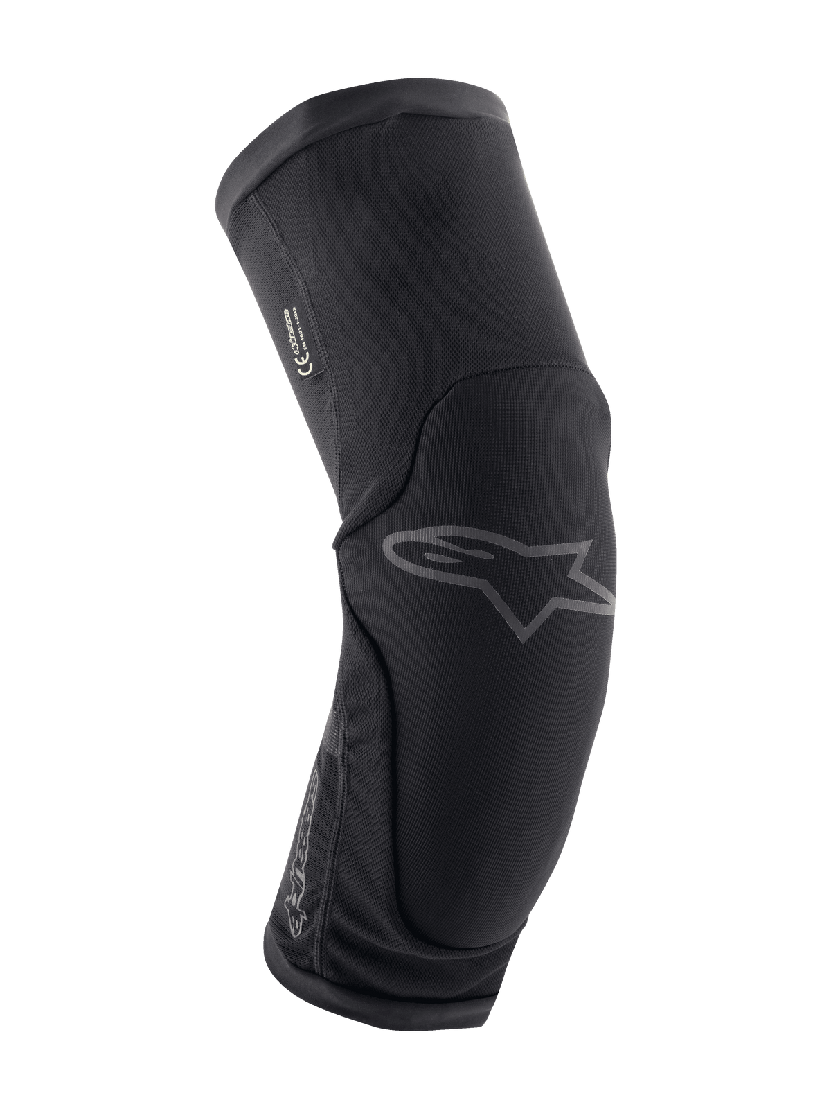 Alpinestars Paragon Plus kniebeschermers, mountainbike kniebescherming, zwart, ergonomisch gebogen ontwerp met ademend stretch mesh, slip-on model, subtiel grijs Astar-logo op de voorkant