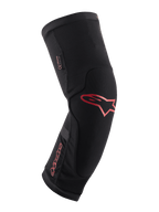 Alpinestars Paragon Plus Knee Protector, Black with Red Alpinestars logo and wordmark, ergonomic slip-on sleeve design, breathable mesh fabric with reinforced panels, mountain biking protective gear