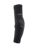 Alpinestars Paragon Plus Elbow Protectors, MTB Elbow Guards, Black with grey logo accents, slip-on sleeve design featuring a padded elbow section and breathable mesh material, protective gear for off-road cycling