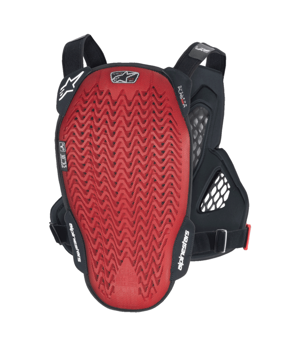 Alpinestars A-6 Plasma borstbeschermer, achteraanzicht, rode Nucleon PLASMA rugplaat met textuur, zwarte zijvleugels en verstelbare banden, MTB gravity beschermingsuitrusting in Black Anthracite Red