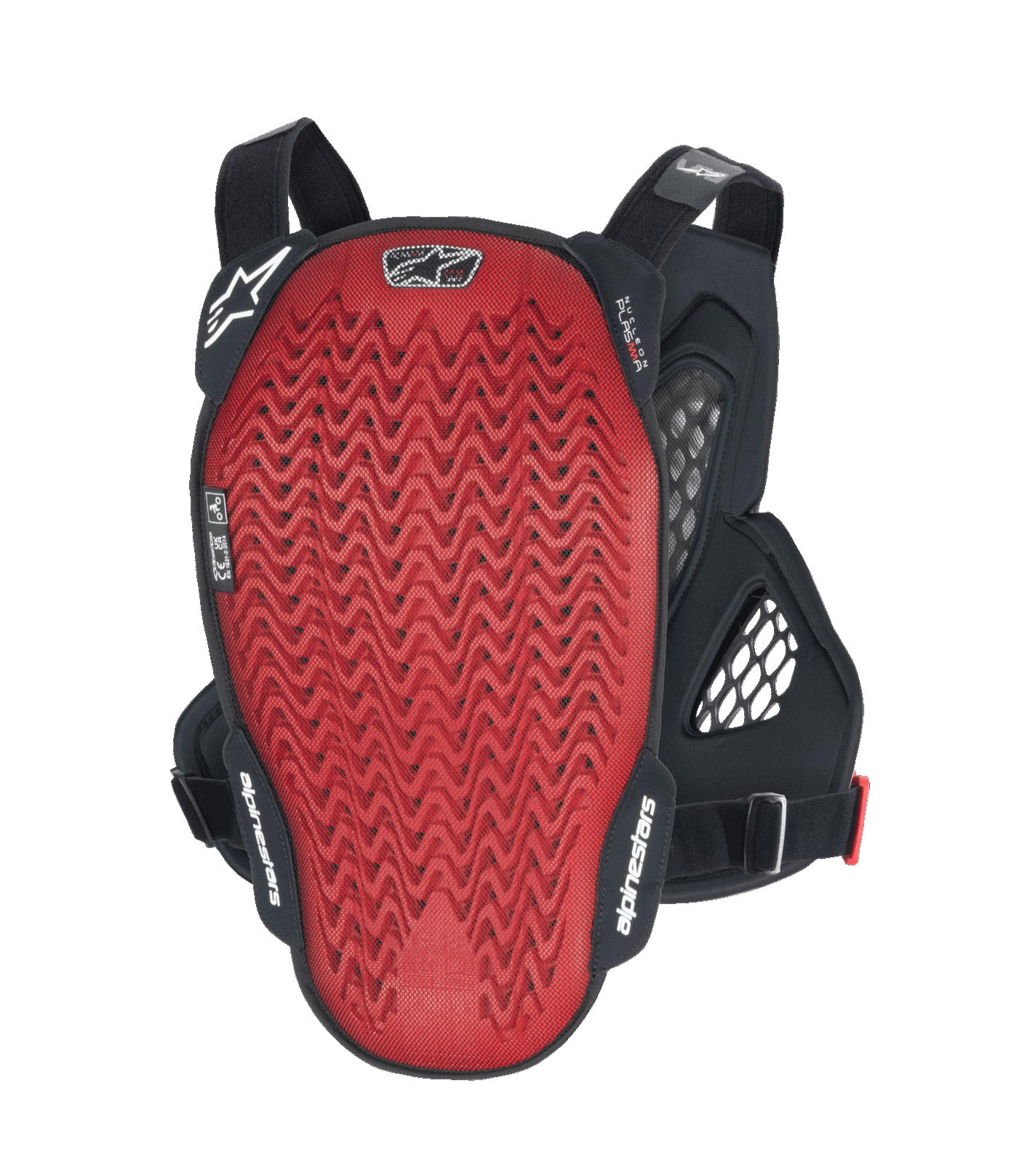 Alpinestars A-6 Plasma borstbeschermer, achteraanzicht, rode Nucleon PLASMA rugplaat met textuur, zwarte zijvleugels en verstelbare banden, MTB gravity beschermingsuitrusting in Black Anthracite Red