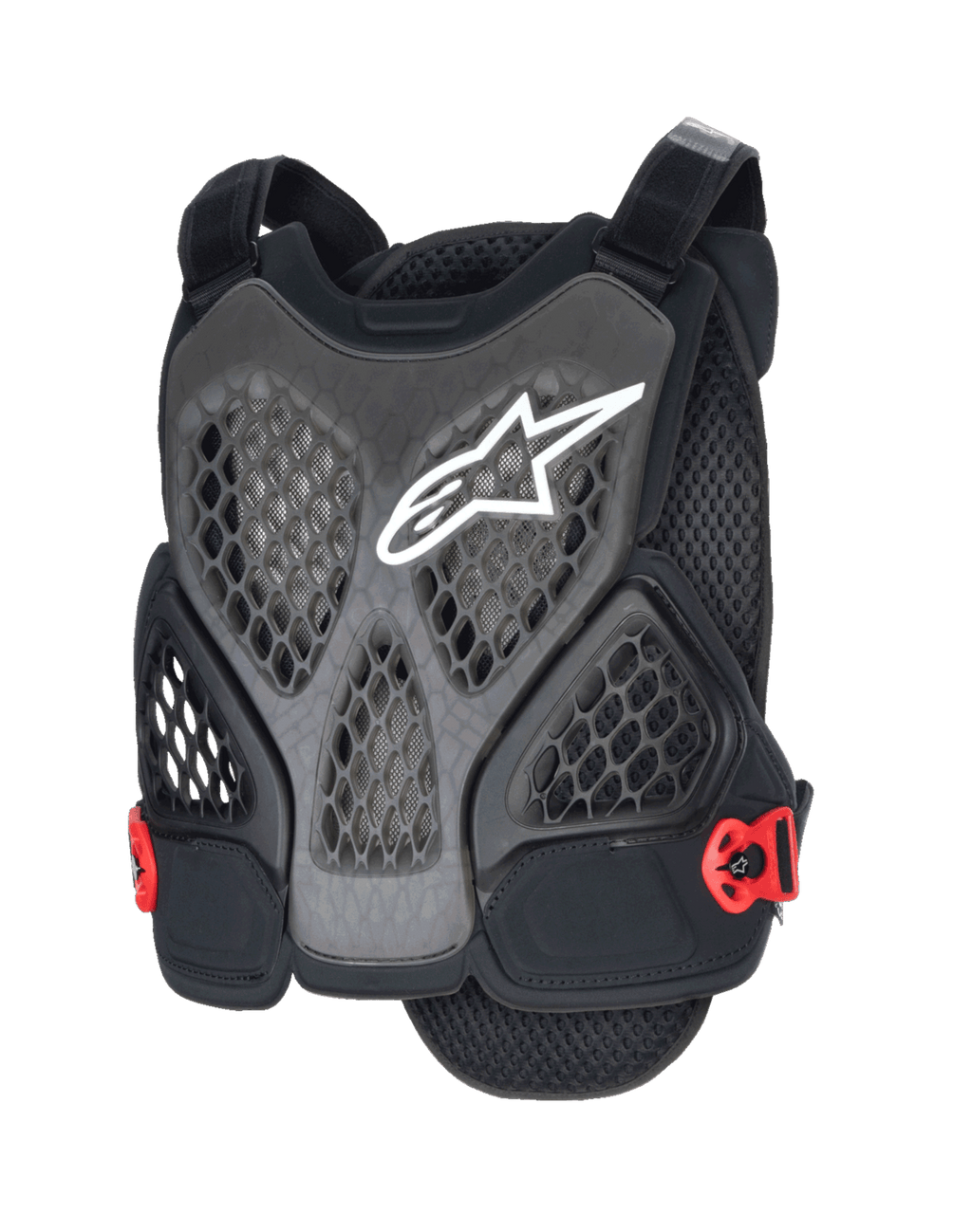 Alpinestars A-6 Plasma borstbeschermer, MTB-borstbeschermer, zwart, antraciet en rood, wit sterlogo, geperforeerde honingraatmesh-panelen voor ventilatie, rode gespen aan de zijkanten, verstelbare schouderbanden, ontworpen voor off-road en gravity mountainbike-bescherming